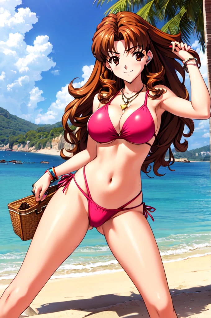 Sonozaki　Misao Sonozaki, (high quality, High resolution, Fine details), ((Slingshot swimwear)), masterpiece, best quality, sexy mature woman in vivid pink slingshot swimsuit posing in front of rocky outcroppings, 1girl, breasts, cleavage, Under , navel, sexy swimsuit, 独奏, slingshot swimsuit, eyewear on head, jewelry, sunglasses, piercing, necklace, ring, smile, high leg bottom, beach, light brown hair, wavy and curly hairstyle, long hair, large breast, tareme, nice ass, brown eyes, slender face, beautiful tits, beautiful ass, slim waist, 