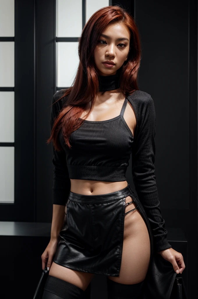 [[((young attractive Asian woman with striking red hair styled in a sleek, long look, medium-light skin, and striking dark brown eyes:1.6)), ((wearing a stylish black outfit featuring a chic, oversized black sweater with buckle details on the sleeves, paired with short black shorts and thigh-high black boots:1.4)). She is standing confidently in a modern, minimalist living room with neutral tones and clean lines. The background features soft natural light coming through large windows, adding a serene and sophisticated atmosphere. The scene is captured with a ((full-frame DSLR:1.4)) using a ((50mm prime lens:1.4)) for a close-up, fashion-oriented perspective. Professional lighting enhances her natural features and the stylish outfit. The image should be in ((8K resolution:1.5)) with ((hyper-realistic detail:1.6)). The focus is on the woman’s stylish black outfit, her confident pose, and the elegant interior, creating a stunning, fashionable effect.]]