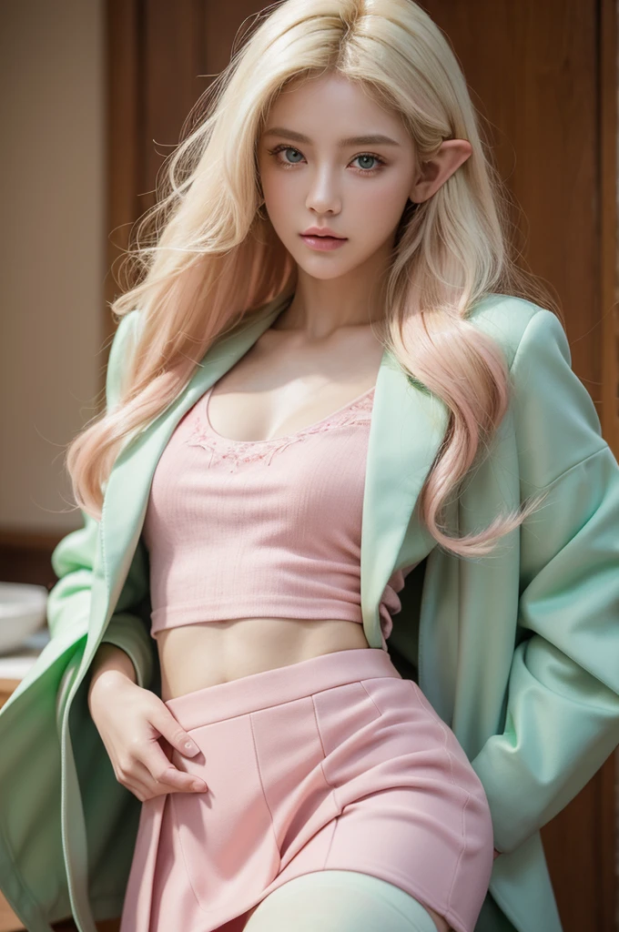 masterpiece, best quality), Intricate details, Thickness, (()), Beautiful elf, Blonde Hair, White skin, Mint green eyes, Soft jawline, (Short red jacket), (Pink skirt:1.2), Messy hair, Lips, Upper Body, close up, A faint smile,