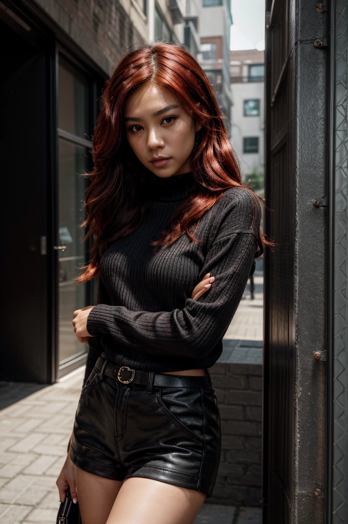 [[((young attractive Asian woman with striking red hair styled in a sleek, long look, medium-light skin, and striking dark brown eyes:1.6)), ((wearing a stylish black outfit featuring a chic, oversized black sweater with buckle details on the sleeves, paired with short black shorts and thigh-high black boots:1.4)). She is standing confidently in a modern industrial loft with exposed brick walls and large windows. The background features soft natural light filtering through, casting gentle shadows that add depth and character. The scene is captured with a ((full-frame DSLR:1.4)) using a ((35mm prime lens:1.4)) for a wider, fashion-oriented perspective. Professional lighting enhances her natural features and the stylish outfit. The image should be in ((8K resolution:1.5)) with ((hyper-realistic detail:1.6)). The focus is on the woman’s stylish black outfit, her confident pose, and the urban loft setting, creating a striking, fashionable effect.]]