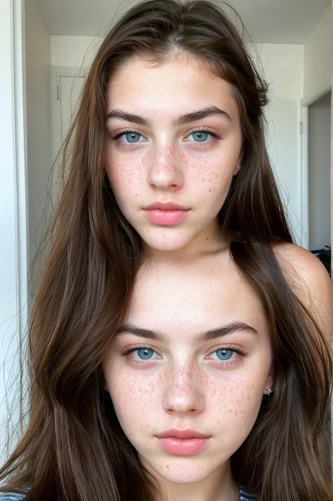 really pretty 18 years old girl. Brown hair. Innocent face. Straight looking to the camera. Facing the camera. blue eyes. Freckles. Unique face. Thin face. Beautiful eyes. Thick eyebrows. Pretty filled lips. Fat lips. Thin nose. Freckles and nice skin. Similar to Monica belucci. Big cheekbones