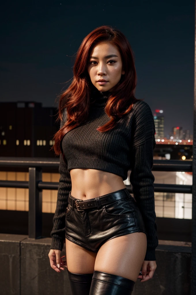 [[((young attractive Asian woman with striking red hair styled in a sleek, long look, medium-light skin, and striking dark brown eyes:1.6)), ((wearing a stylish black outfit featuring a chic, oversized black sweater with buckle details on the sleeves, paired with short black shorts and thigh-high black boots:1.4)). She is standing confidently on a rooftop terrace with a panoramic cityscape view. The background features the city skyline at dusk, with twinkling lights and a vibrant atmosphere. The scene is captured with a ((full-frame DSLR:1.4)) using a ((24-70mm zoom lens:1.4)) for a versatile, fashion-oriented perspective. Professional lighting enhances her natural features and the stylish outfit. The image should be in ((8K resolution:1.5)) with ((hyper-realistic detail:1.6)). The focus is on the woman’s stylish black outfit, her confident pose, and the urban rooftop setting, creating a dynamic, fashionable effect.]]