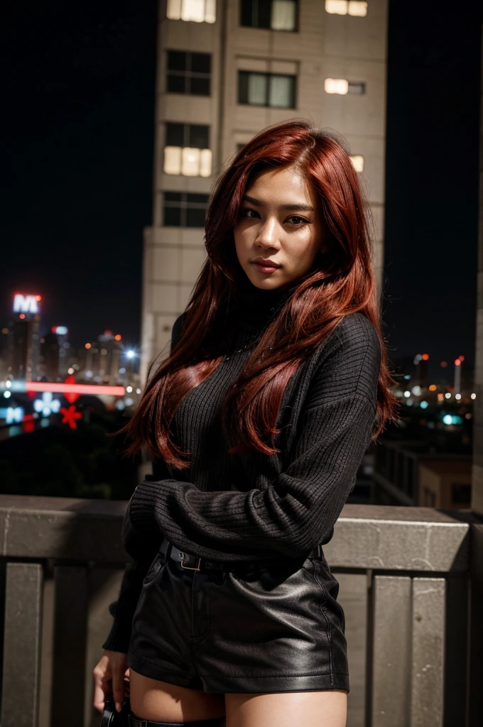 [[((young attractive Asian woman with striking red hair styled in a sleek, long look, medium-light skin, and striking dark brown eyes:1.6)), ((wearing a stylish black outfit featuring a chic, oversized black sweater with buckle details on the sleeves, paired with short black shorts and thigh-high black boots:1.4)). She is standing confidently on a rooftop terrace with a panoramic cityscape view. The background features the city skyline at dusk, with twinkling lights and a vibrant atmosphere. The scene is captured with a ((full-frame DSLR:1.4)) using a ((24-70mm zoom lens:1.4)) for a versatile, fashion-oriented perspective. Professional lighting enhances her natural features and the stylish outfit. The image should be in ((8K resolution:1.5)) with ((hyper-realistic detail:1.6)). The focus is on the woman’s stylish black outfit, her confident pose, and the urban rooftop setting, creating a dynamic, fashionable effect.]]
