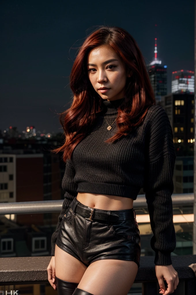 [[((young attractive Asian woman with striking red hair styled in a sleek, long look, medium-light skin, and striking dark brown eyes:1.6)), ((wearing a stylish black outfit featuring a chic, oversized black sweater with buckle details on the sleeves, paired with short black shorts and thigh-high black boots:1.4)). She is standing confidently on a rooftop terrace with a panoramic cityscape view. The background features the city skyline at dusk, with twinkling lights and a vibrant atmosphere. The scene is captured with a ((full-frame DSLR:1.4)) using a ((24-70mm zoom lens:1.4)) for a versatile, fashion-oriented perspective. Professional lighting enhances her natural features and the stylish outfit. The image should be in ((8K resolution:1.5)) with ((hyper-realistic detail:1.6)). The focus is on the woman’s stylish black outfit, her confident pose, and the urban rooftop setting, creating a dynamic, fashionable effect.]]