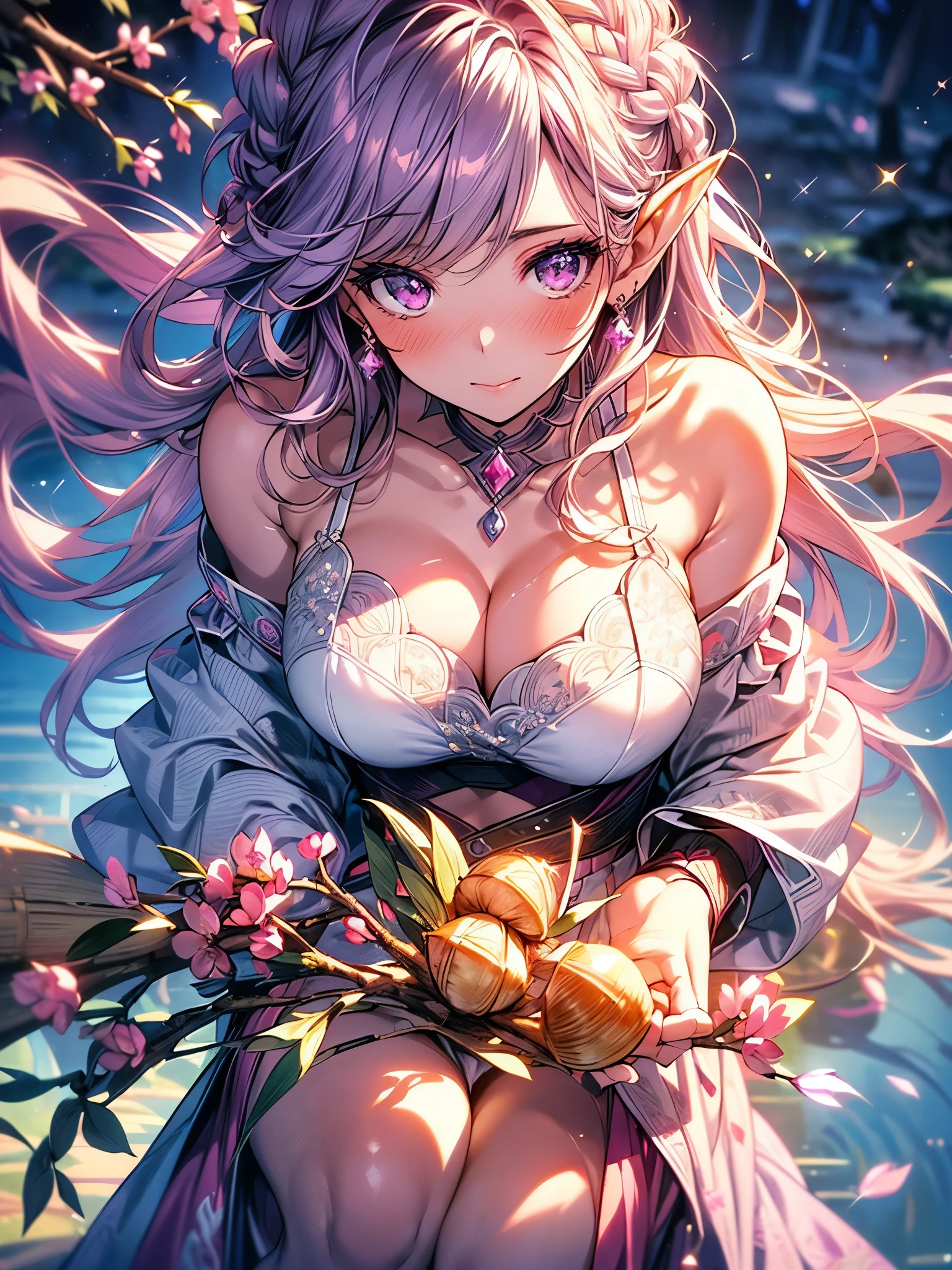 (overhead view), mature woman, 1girl, (masterpiece, best quality, ultra-detailed), sharp focus, detailed face, face focus, extremely detailed eyes, long hair, crown braid, hair over shoulder, (purple hair:1.3), purple eyes, elf, (glitter eyes:1.2), long eyelashes, (heavy blush, drunk:1.2), delicate makeup, big breasts, ((pink and white intricate dress, bare shoulders, cleavage)), ((twilight, holding diamond shard, exploring, bamboo shoots background, grass, green particles surrounds, tranquil pond, cherry blossom backdrop, breeze)), cinematic lighting, rim lightning, ray tracing, shadowing, dynamic angle