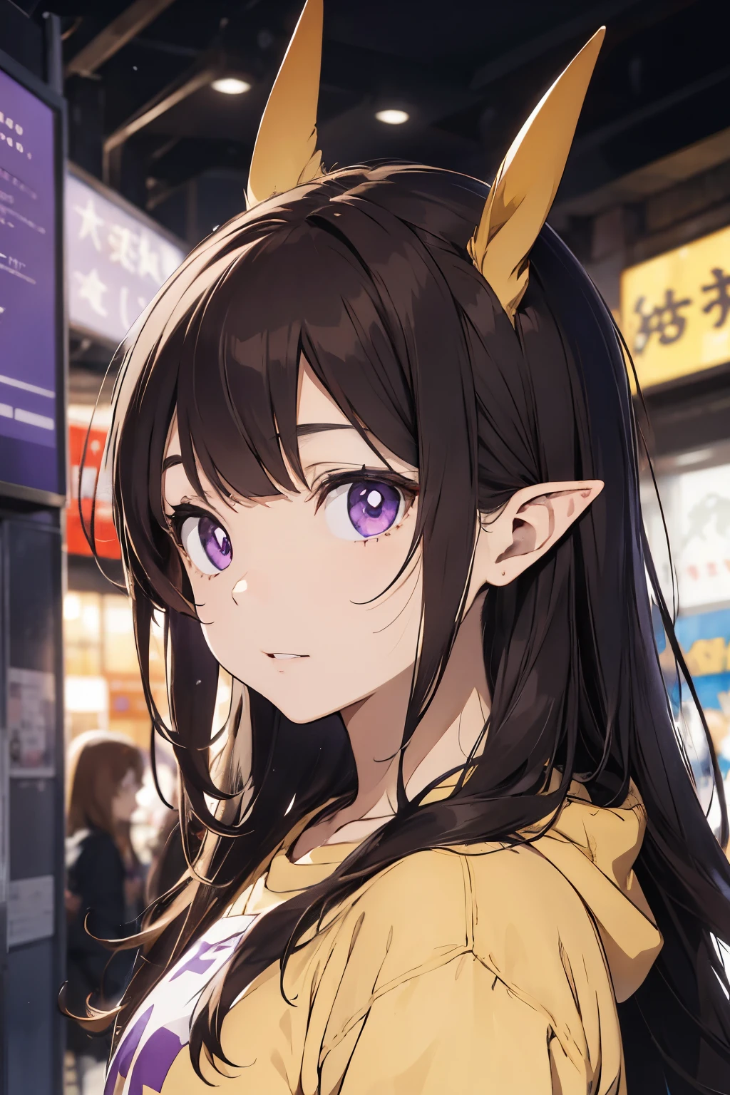 Anime girl, long brown hair with bangs above the eyebrow, purple eyes with thin pupils, purple hornes, yellow sweatshirt and elf ear