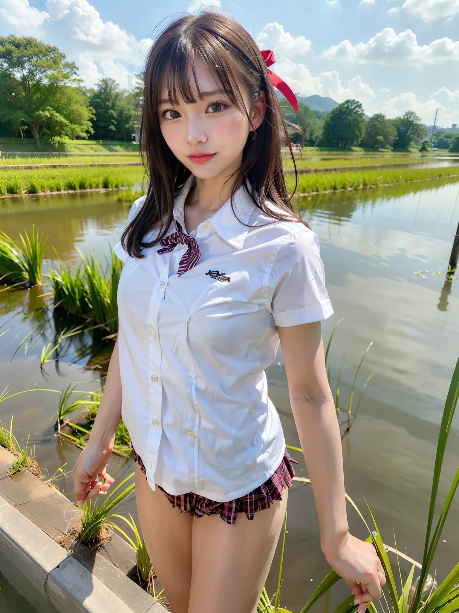 ((Best of the highest quality, 8k, Masterpiece, raw photo: 1.2)), (Sharp focus: 1.2), (1 AESPA, slim body type female, 21 y/o: 1.1), (solo: 1.28), (realistic, photo-realistic:1.37), face focus, cute face, finely eyes, (droopy eyes: 1.32), (Emphasize prominent aegyo-sal with bright: 1.2), shimmering eyeshadow applied under the lower lash line, paired with thick, (small breasts, flat chest, Thigh: 1.3), (short messy hair, bangs: 1.28), (school uniform, ribbon, panties: 1.32), walking in river, (rice field, paddy field: 1.1), flower, (from below: 1.16)