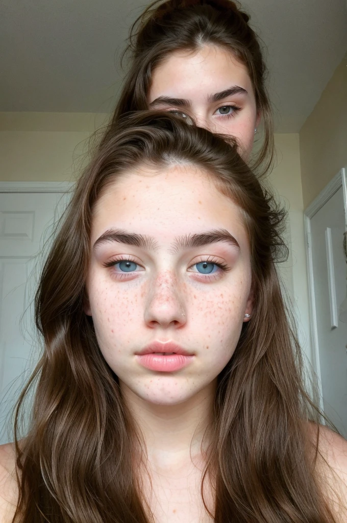 really pretty 18 years old girl. Brown hair. Innocent face. Straight looking to the camera. Facing the camera. Light blue eyes. Freckles. Unique face. Beautiful eyes. Really Thick eyebrows. Pretty filled lips. Fat lips. Thin nose. Freckles and nice skin. Big cheekbones 