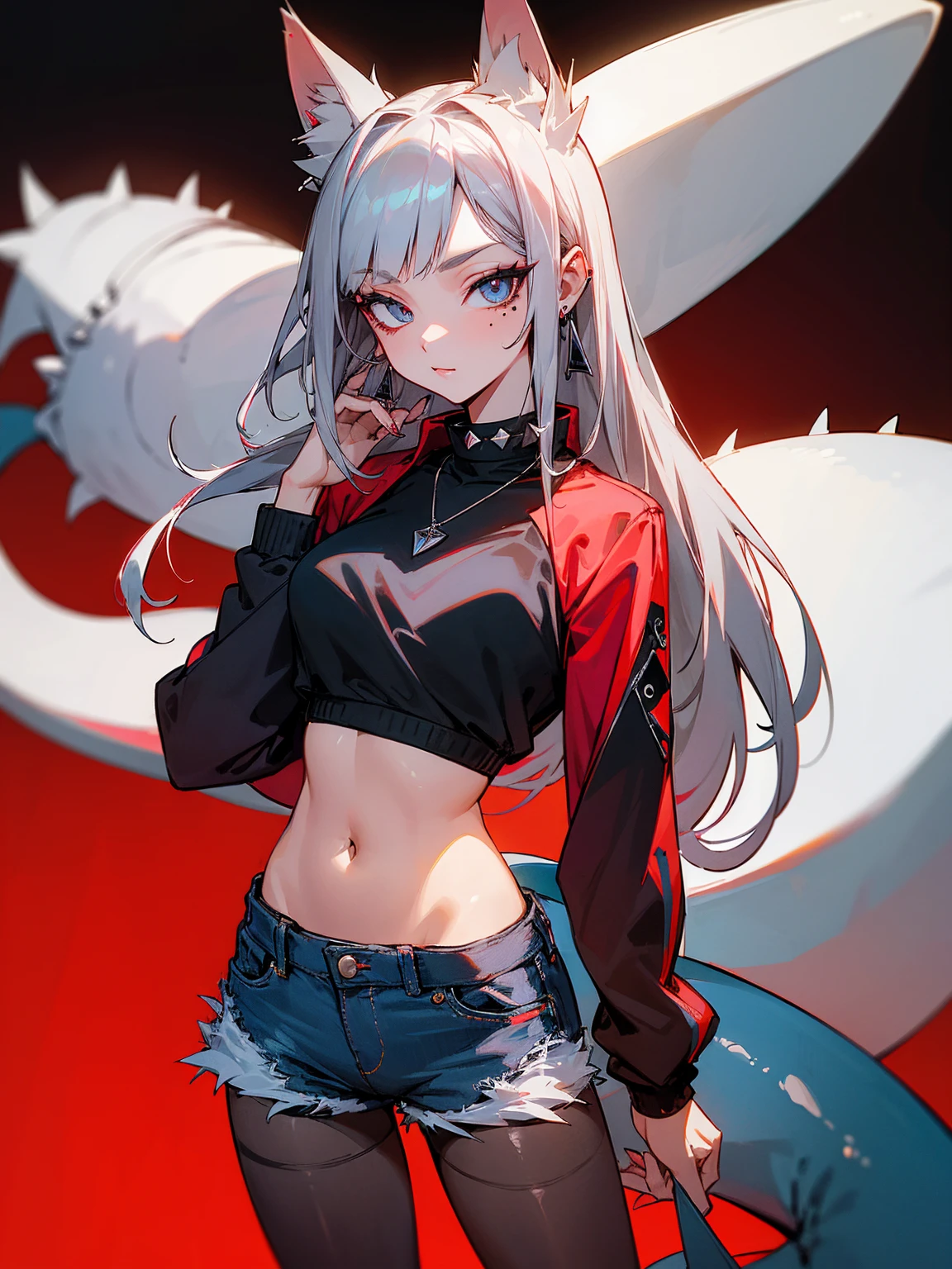 ((Long Straight Silver hair)), Perfect face, Choker, Punk earrings, ((Tall)), ((High Quality)), Necklace, ((Mature)), Pretty Eyes, Sharp Nails, Bangs, ((1 Girl)), ((Multiple Earrings)), 1 girl, Spiky Earrings, Adult, Spiked Collar, Thin Eyelashes, Black Background, Red Colors in Background, Vampire Girl, Long Tail, Large Tail, Massive Tail, Shark Tail, ((Jean Shorts)), ((Long Sleeve Crop Top)), Close Up, Very Short Mini Skirt, Tall, Long Legs, Dynamic Pose, Black Tail, 2 moles under left eye, Pantyhose, Vibrant Colors, Close Up, Sexy, Suggestive, Sexually Suggestive,