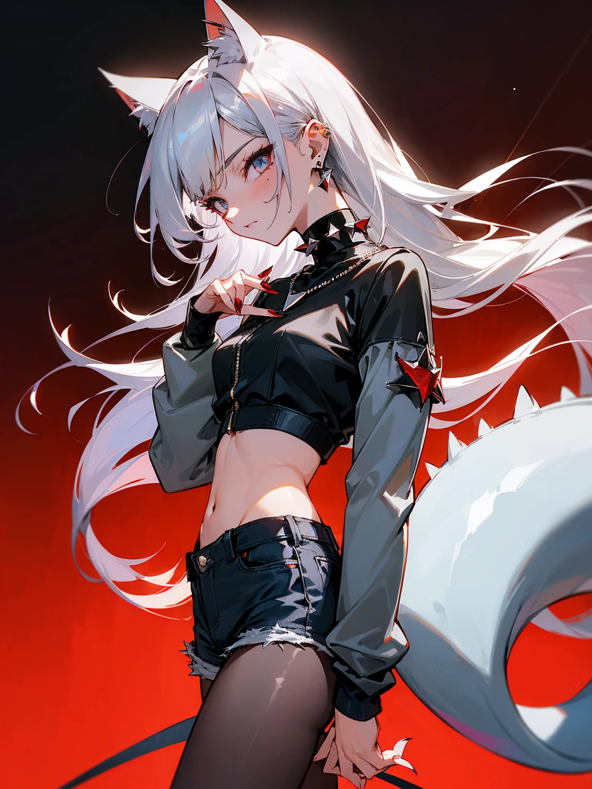 ((Long Straight Silver hair)), Perfect face, Choker, Punk earrings, ((Tall)), ((High Quality)), Necklace, ((Mature)), Pretty Eyes, Sharp Nails, Bangs, ((1 Girl)), ((Multiple Earrings)), 1 girl, Spiky Earrings, Adult, Spiked Collar, Thin Eyelashes, Black Background, Red Colors in Background, Vampire Girl, Long Tail, Large Tail, Massive Tail, Shark Tail, ((Jean Shorts)), ((Long Sleeve Crop Top)), Close Up, Very Short Mini Skirt, Tall, Long Legs, Dynamic Pose, Black Tail, 2 moles under left eye, Pantyhose, Vibrant Colors, Close Up, Sexy, Suggestive, Sexually Suggestive,
