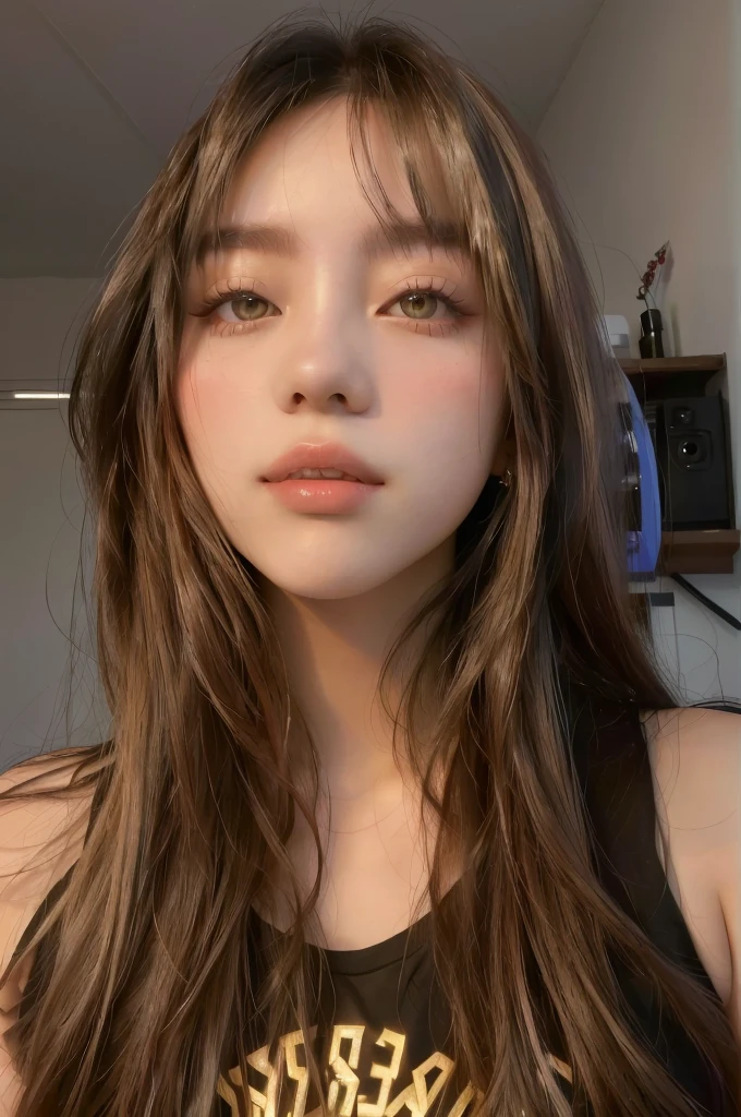 A closeup of a woman with long hair and wearing a sleeveless t-shirt, beautiful south korean woman, korean girl, Beautiful young Korean woman, lalisa manobal, Beautiful young Korean woman, South Korean popular makeup, Korean face features, ig model | artegerm, Popular Korean makeup, Sakimichan, ulzzang, beautiful asian girl