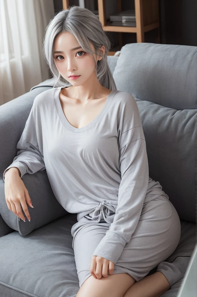 A girl with grey hair and wide eyes、Sitting on the living room sofa in loungewear