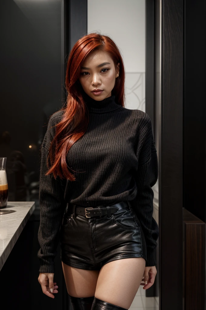 [[((young attractive Asian woman with striking red hair styled in a sleek, long look, medium-light skin, and striking dark brown eyes:1.6)), ((wearing a stylish black outfit featuring a chic, oversized black sweater with buckle details on the sleeves, paired with short black shorts and thigh-high black boots:1.4)). She is standing confidently in a stylish, modern cafe with an urban vibe. The background features sleek furniture, artistic decor, and large windows providing ample natural light. The scene is captured with a ((full-frame DSLR:1.4)) using a ((50mm prime lens:1.4)) for a close-up, fashion-oriented perspective. Professional lighting enhances her natural features and the stylish outfit. The image should be in ((8K resolution:1.5)) with ((hyper-realistic detail:1.6)). The focus is on the woman’s stylish black outfit, her confident pose, and the trendy cafe setting, creating a stunning, fashionable effect.]]