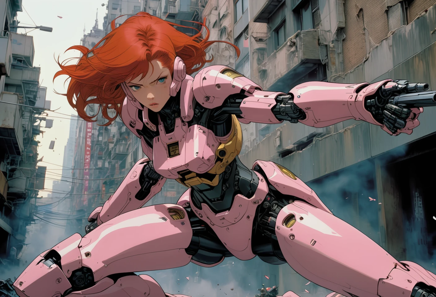 A cinematic film still of a redhead in a pink-powered armor suit, shooting at giant black mecha. The heroine's armor is adorned with intricate designs and a retractable shroud, revealing her determination and strength. The background is a dystopian cityscape, with buildings crumbling and people caught in the crossfire. Style by Masamune Shirow. Canon 5d Mark 4, Kodak Ektar, 35mm