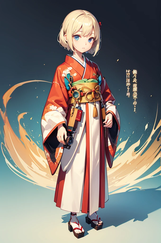 Wooden Humanoid Robot,Wood grain body,Made to resemble a young girl,wear the kimono,Young,Illustrated,The inside of the eye is like a camera lens.