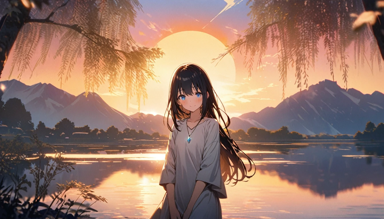 beautiful 1girl, solo, gentle smile on her face flat chest, short hair, black hair, blue eyes, Beautiful depiction, 1 girl, Calm expression, Captivating eyes, Straight Long Hair, loose fitting dress, Calm posture, Porcelain-like skin, A faint blush, Crystal Pendant BREAK Golden Hour, (Rim Light):1.2, Warm tones, Solar flare, Soft Shadows, Vibrant colors, Painterly effect, Dream-like atmosphere BREAK Beautiful lake, Distant Mountain々, Willow Tree, Calm water, reflection, Sunlit clouds, Peaceful atmosphere, Beautiful sunset, Super detailed, Official Art, unity 8k wallpaper , Tangled, Mandala