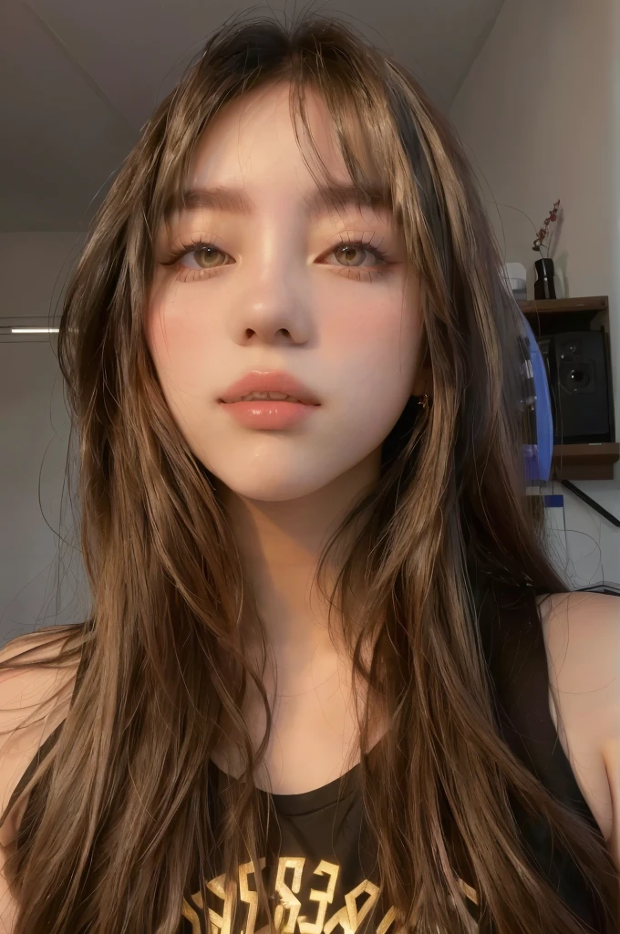 A closeup of a woman with long hair and wearing a sleeveless t-shirt, beautiful south korean woman, korean girl, Beautiful young Korean woman, lalisa manobal, Beautiful young Korean woman, South Korean popular makeup, Korean face features, ig model | artegerm, Popular Korean makeup, Sakimichan, ulzzang, beautiful asian girl