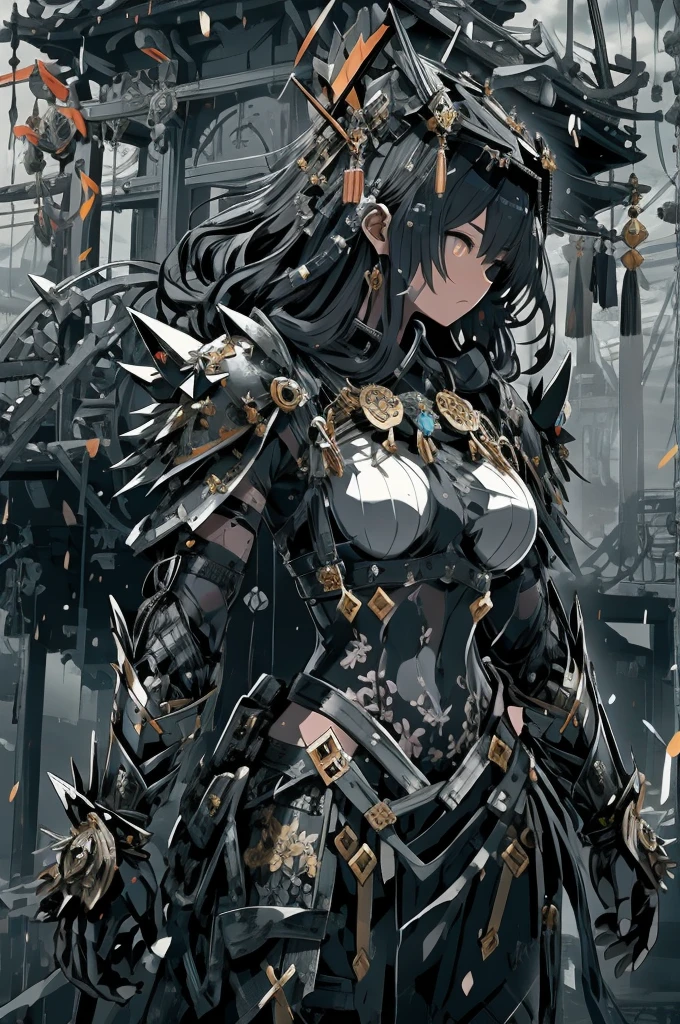 ​masterpiece, top-quality, hightquality, abyssal, awardwinning photo, depth of fields, nffsw, ighly detailed, trending on artstationh, Trending in CGSighbour, Convoluted, high detailing,This illustration is、It is a fantasy scene that emphasizes weight and strength.。Female warrior in black armor、Stand with a very large sword in each hand。Her armor is、Covered with thick and heavy steel plates、You can feel its weight and dignity.。The design of the armor is、Attention to detail、Carved patterns and reliefs exisymbolizes her pride and determination as a warrior。

Her expression was、Firm determination.、Eyes have a mysterious glow, As if staring into the distance。Her gaze is、It shows its inner strength and determination.、You can feel the fighting spirit hidden in her chest。

The surroundings include、Turbulent powder々Became glass、Sound and spectacle further accentuate the majestic atmosphere.。Steel armor and powder々The contrast of the glass that became、Symbolizes the trials of the female warrior's past and her indomitable will。

This illustration is、Through the figure of a female warrior with strength and solidity、It depicts a message of strength and courage to overcome adversity。