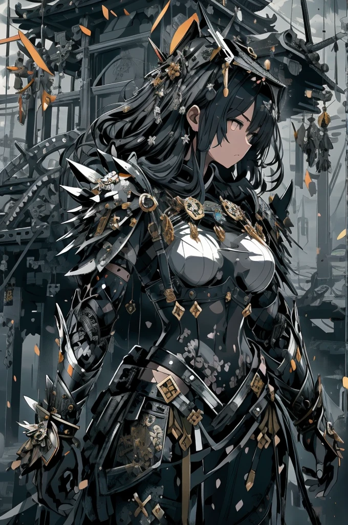 masterpiece, top-quality, hightquality, abyssal, awardwinning photo, depth of fields, nffsw, ighly detailed, trending on artstationh, Trending in CGSighbour, Convoluted, high detailing,This illustration is、It is a fantasy scene that emphasizes weight and strength.。Female warrior in black armor、Stand with a very large sword in each hand。Her armor is、Covered with thick and heavy steel plates、You can feel its weight and dignity.。The design of the armor is、Attention to detail、Carved patterns and reliefs exisymbolizes her pride and determination as a warrior。
Her expression was、Firm determination.、Eyes have a mysterious glow, As if staring into the distance。Her gaze is、It shows its inner strength and determination.、You can feel the fighting spirit hidden in her chest。
The surroundings include、Turbulent powder々Became glass、Sound and spectacle further accentuate the majestic atmosphere.。Steel armor and powder々The contrast of the glass that became、Symbolizes the trials of the female warrior's past and her indomitable will。
This illustration is、Through the figure of a female warrior with strength and solidity、It depicts a message of strength and courage to overcome adversity。