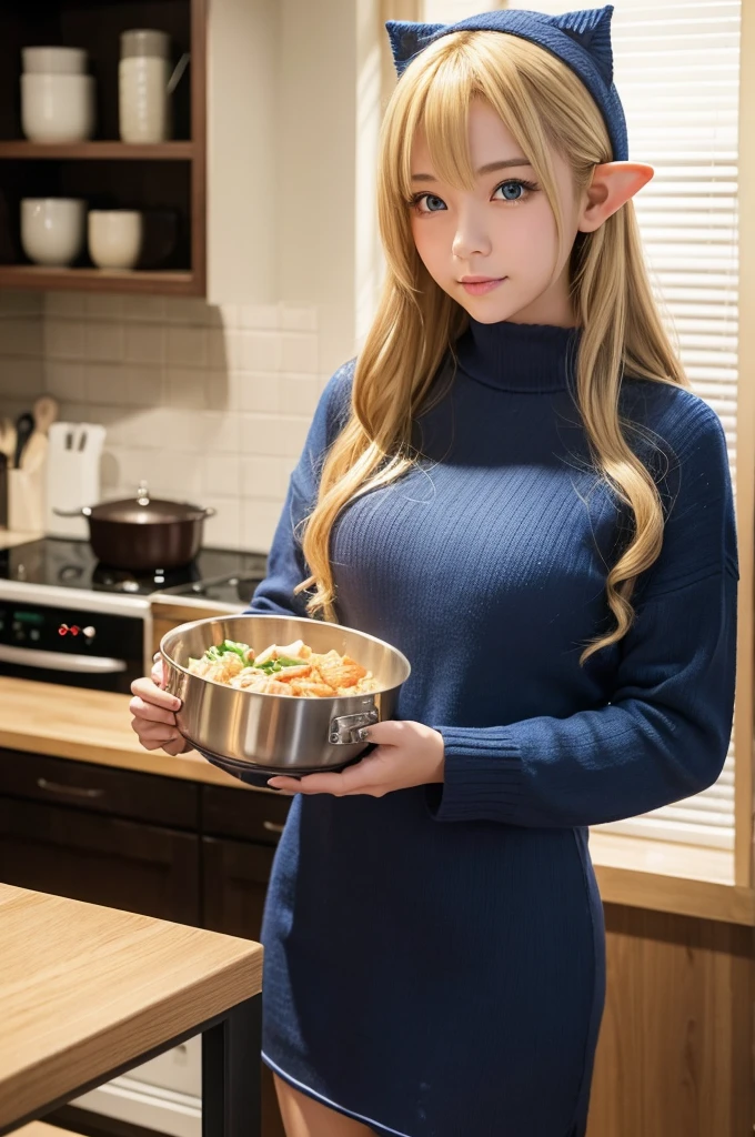 Create an anime-style image of the main character of "Elf-san wa Yasashiku Sarenai" in a cozy Japanese kitchen. The character Elf-san has long wavy blonde hair, big blue eyes, (super pointy elf ears), (super fat and curvy body), and wears casual, slightly oversized clothing such as loose knit sweaters and short skirts. The kitchen background should include traditional Japanese elements such as a rice cooker, wooden cabinets, a small dining table with chairs, and various cooking utensils such as frying pans and cutting boards. Surround her with a variety of foods to create a warm and cozy atmosphere and emphasize her love of eating.