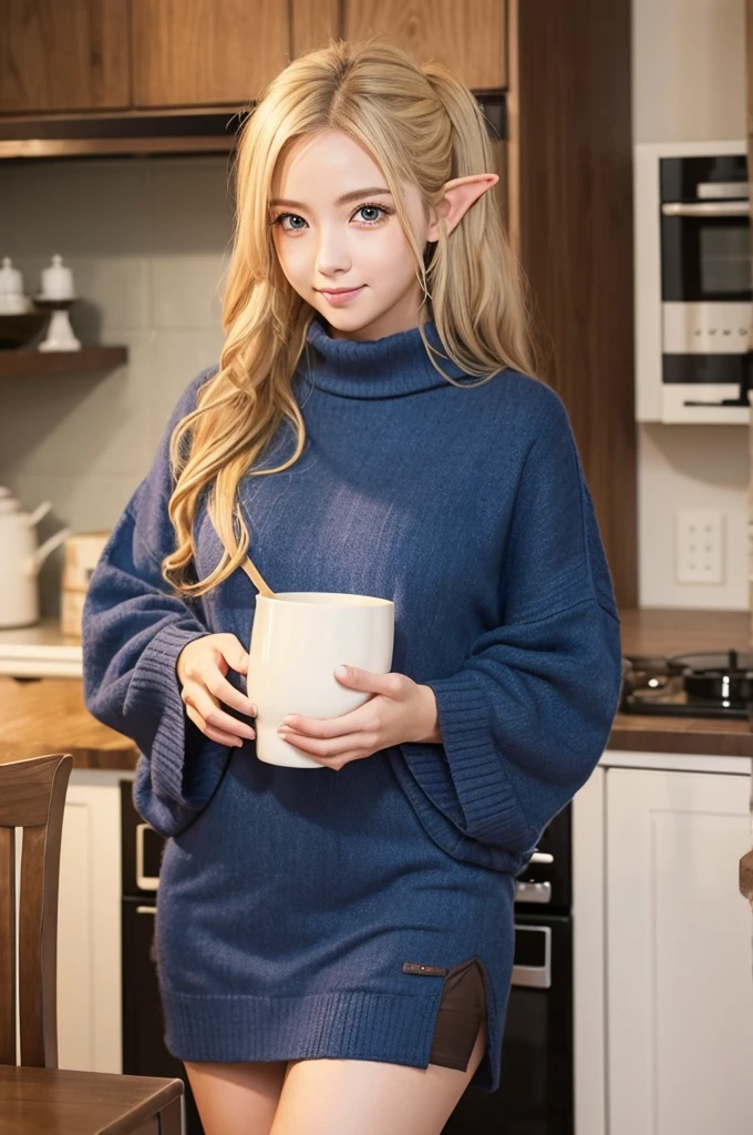 Create an anime-style image of the main character of "Elf-san wa Yasashiku Sarenai" in a cozy Japanese kitchen. The character Elf-san has long wavy blonde hair, big blue eyes, (super pointy elf ears), (super fat and curvy body), and wears casual, slightly oversized clothing such as loose knit sweaters and short skirts. The kitchen background should include traditional Japanese elements such as a rice cooker, wooden cabinets, a small dining table with chairs, and various cooking utensils such as frying pans and cutting boards. Surround her with a variety of foods to create a warm and cozy atmosphere and emphasize her love of eating.