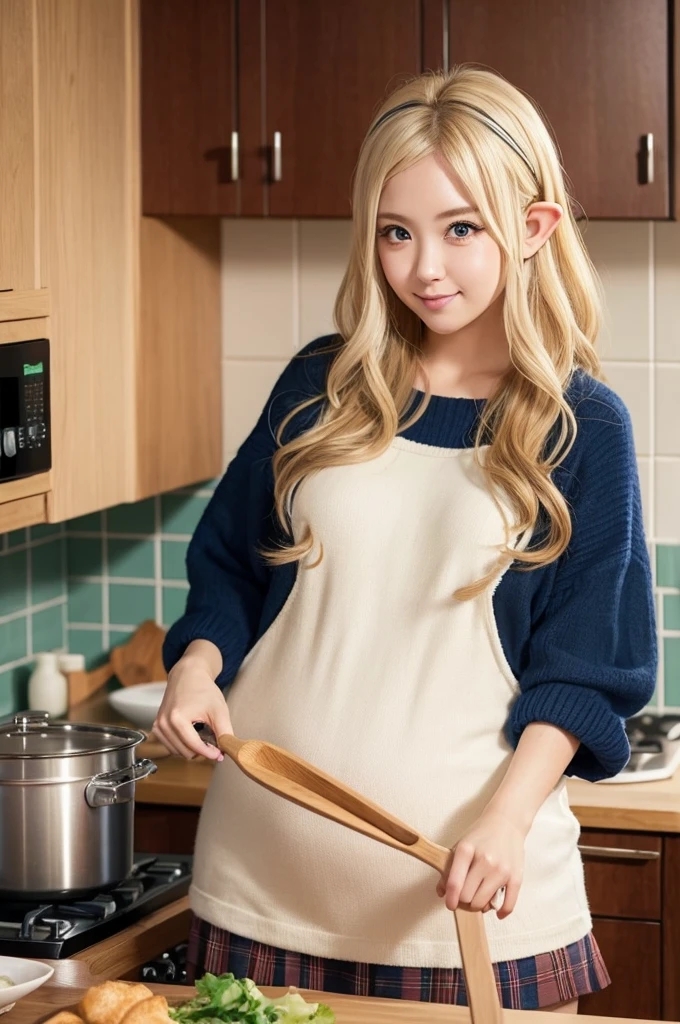 Create an anime-style image of the main character of "Elf-san wa Yasashiku Sarenai" in a cozy Japanese kitchen. The character Elf-san has long wavy blonde hair, big blue eyes, (super pointy elf ears), (super fat and curvy body), and wears casual, slightly oversized clothing such as loose knit sweaters and short skirts. The kitchen background should include traditional Japanese elements such as a rice cooker, wooden cabinets, a small dining table with chairs, and various cooking utensils such as frying pans and cutting boards. Surround her with a variety of foods to create a warm and cozy atmosphere and emphasize her love of eating.