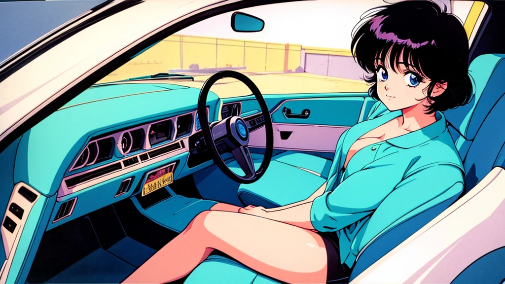 One beautiful energetic woman、Black Hair、sitting in the passenger seat of a car、８０Retro anime style of the 1980s、Vivid colors、Image of a woman from inside a car、