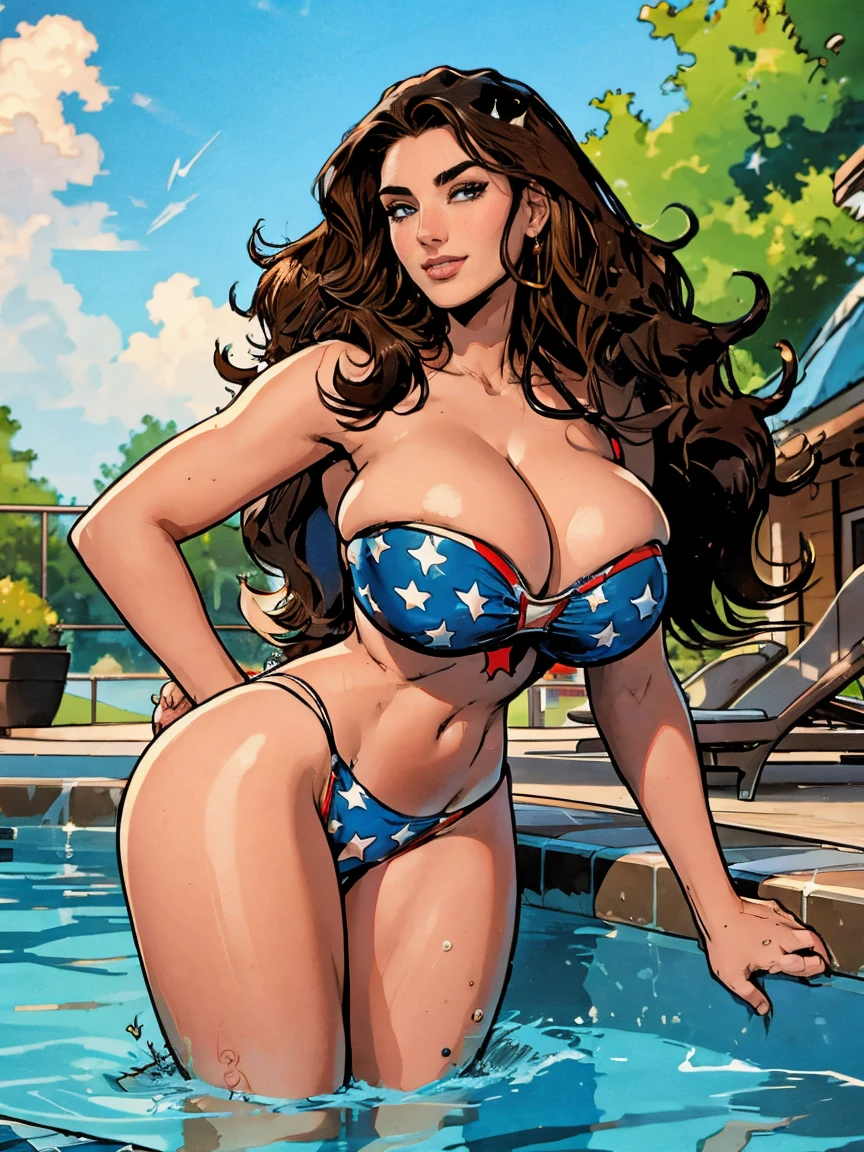 Gorgeous and sultry busty athletic (thin) smiling brunette with sharp facial features and a (big hair) and (huge , long legs) wearing a star-spangled bikini, Americana, swimming pool.