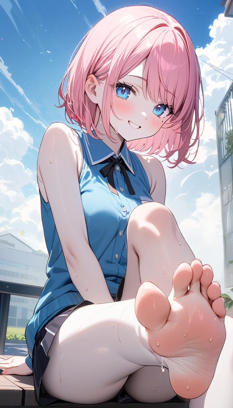 (1 girl),(Best Picture Quality, 8K, Masterpiece:1.3), (high school student:1.5), ((pink lob hair:1.1)), (bob cut),(swept bangs), (cute eyes, pupil black, iris skyblue, youthful face), (mole under right eye), (standard weight), (small breasts), (glistening skin:1.1),(pale skin:1.2),((sleeveless shirt)),(Smile),(sweat),((fog skin:1.1)),(sitting, crossed legs),.one leg up, (sole of foot, toe:1.2), barefoot.