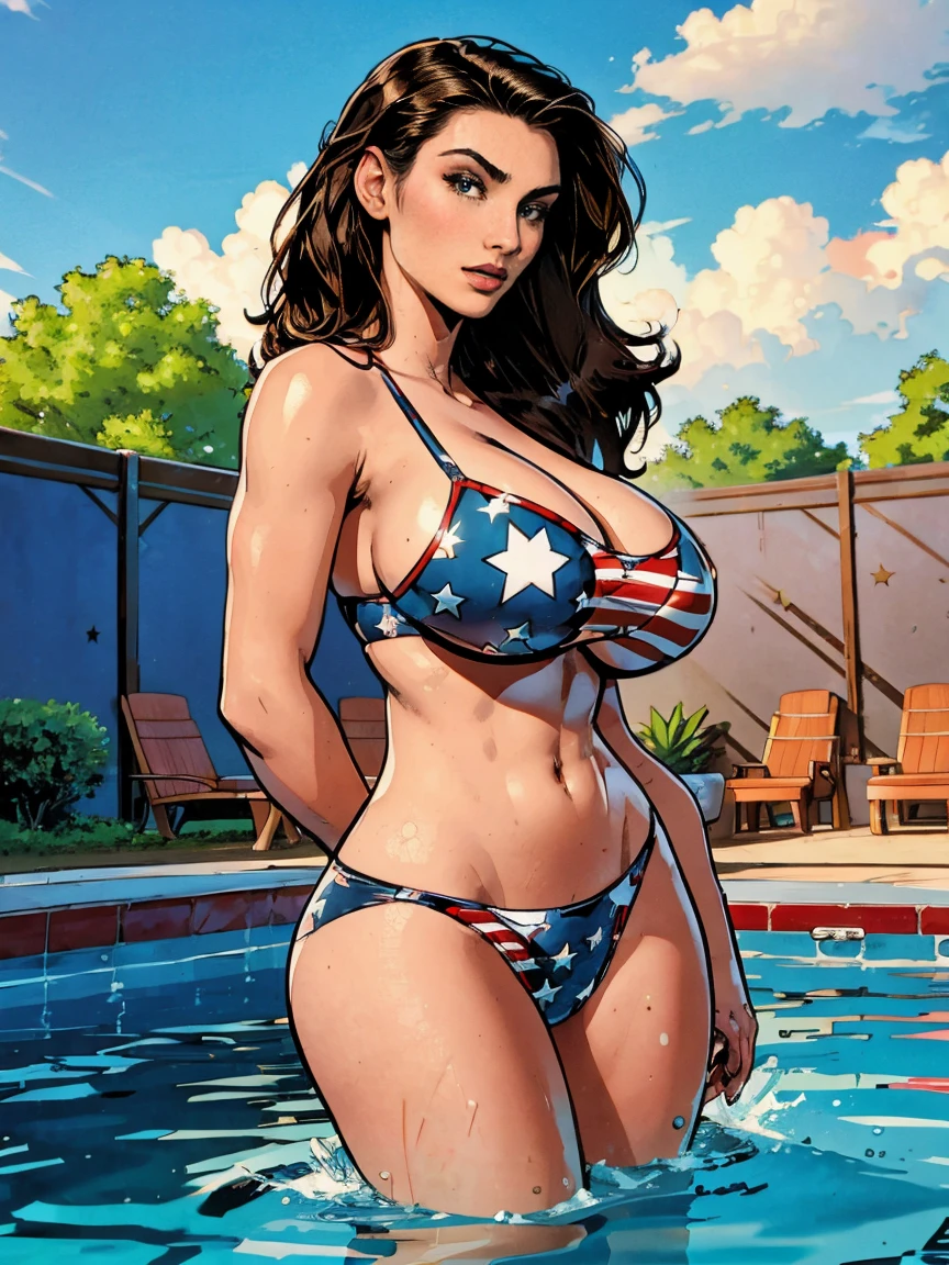 Gorgeous and sultry busty athletic (thin) brunette with sharp facial features and a (long slicked-back hair) and (huge boobs) wearing a star-spangled bikini, Americana, swimming pool. undersized bra.