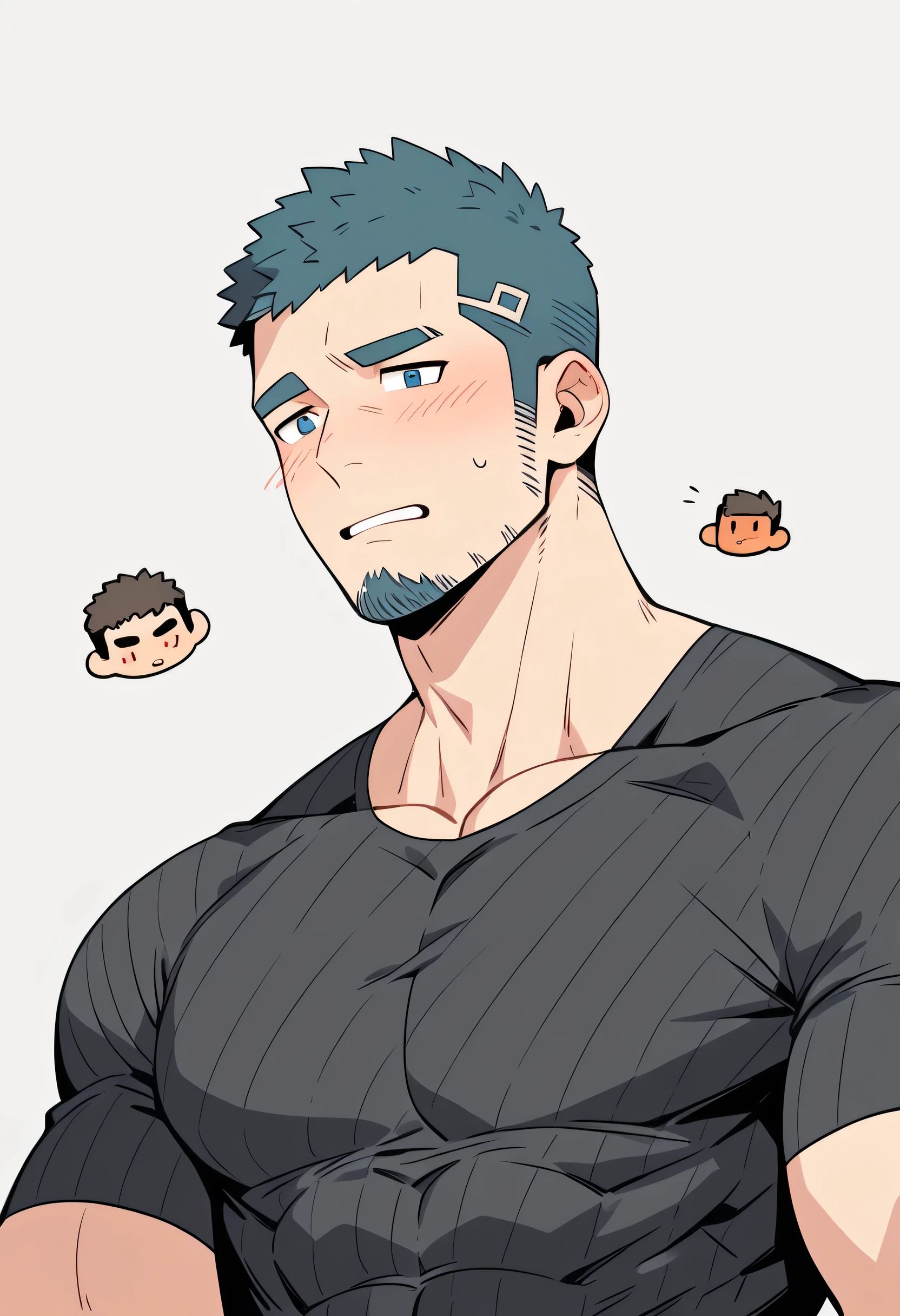 anime characters:Gyee Priapus, Muscle Sports Student, Buzz Cut, Manliness, male focus, Compression bodysuit, Yellow and black striped high collar long sleeve tight T-shirt, Very tight, Regular symmetrical pattern, full and perky chest muscles, muscular male, muscular, only, Upper body, alone, Red short hair, Thick eyebrows, stubble, Brown-red pupils, White background, simple background, amazing quality, best aesthetics, Ridiculous, crew cut, parted lips, flustered, endured face, shy, blush, negative space, best quality