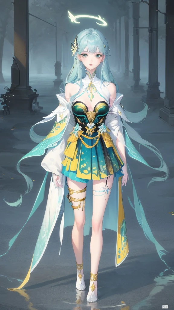 1 girl, masterpiece, Very detailed, ((Light)), (Send Light), ((dramatic Lighting)), ((Beautiful and detailed Light)), Full body painting,intricate details, Lens Light Halo, Colorful hair, rainbow hair, long hair, colorful clothes, Butterfly hair accessories, Butterfly, (Light particles), faint smile, green eyes, temple, spotLight, dark background, Floating hair, hair accessories, looking at the audience,((colorful)),clear facial features,beautiful eyes,masterpiece