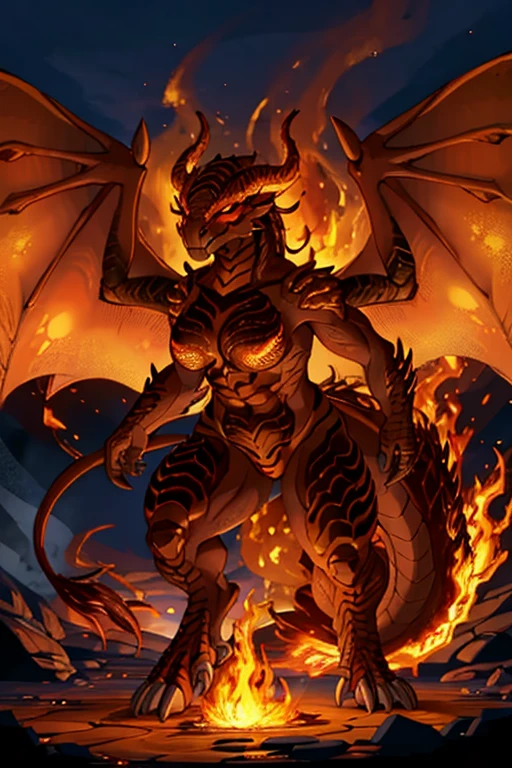 a female balrog, balrog, fire monster, monster, monster made of molten lava, wings made of fire, large tail, trailing smoke, smoldering embers, burning flesh, fire realm