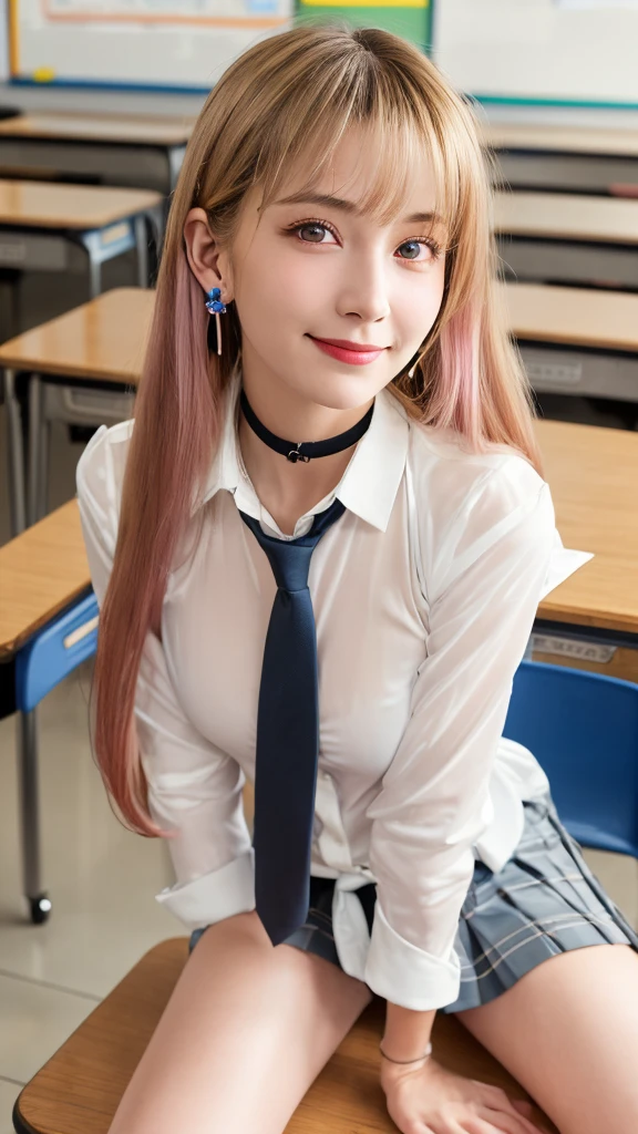 Mix 4, (8k, RAW Photos, Highest quality, masterpiece: 1.45), (Realistic, photoRealistic: 1.37), kitagawa marin,  (Blonde, Pink gradient hair), ((Long Hair, Sink bangs,Colorful Hair, Red eyes)),Pose like a model,Japanese women, ************,high School student、Model body type, (Big Breasts:1.3), Narrow waist, Beautiful Face, Beautiful Eyes, Multiple simple dot earrings on earlobe, Cartilage rod piercing, White shirt, Shirt with tie, Black choker,  Blue tie, Checked skirt,  ニヤリと笑うsmile, カウボーイshot, inside the School、classroom、hight School, 1 girl, alone, Detailed face and eyes, Upper body photo. Realistic, Realistic.Marin Gyaru,School_uniform, Embarrassed look, (((( M-shaped feet, please look )))), (Please spread your legs wide and show me: 1.5), Real nipples, Genuine open, Browsing Caution, (erupt from pussy:1.2),(erupt:1.2),(A puddle of pussy juice:1.15)(smile:0.7)、((shot))、((Crotch close-up:1.2))、((Pictures that emphasize pussy))、Real Pussy