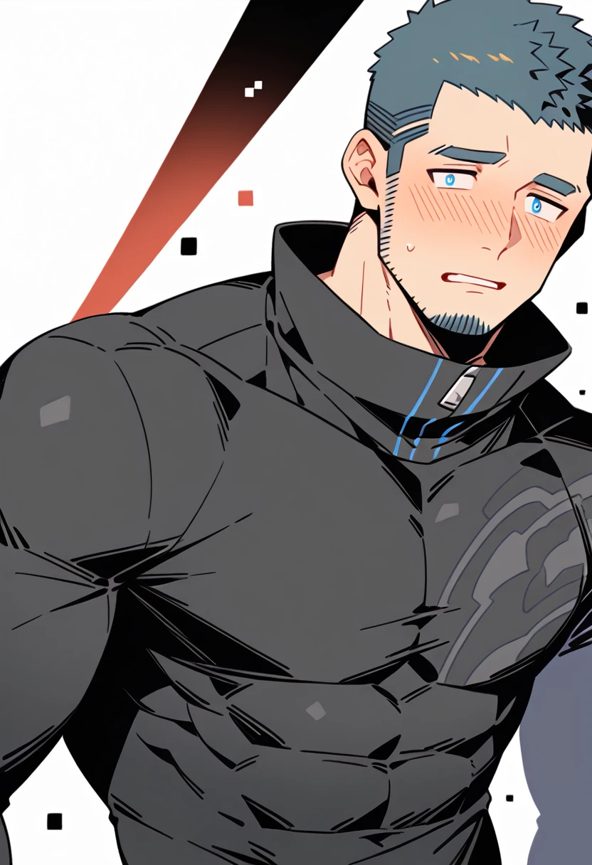 anime characters：Gyee Priapus, Muscle Sports Student, Buzz Cut, Manliness, male focus, Compression bodysuit, Yellow and black striped high collar long sleeve tight T-shirt, Very tight, Regular symmetrical pattern, full and perky chest muscles, muscular male, muscular, only, Upper body, alone, Red short hair, Thick eyebrows, stubble, Brown-red pupils, White background, simple background, amazing quality, best aesthetics, Ridiculous, crew cut, parted lips, flustered, endured face, shy, blush, negative space, best quality