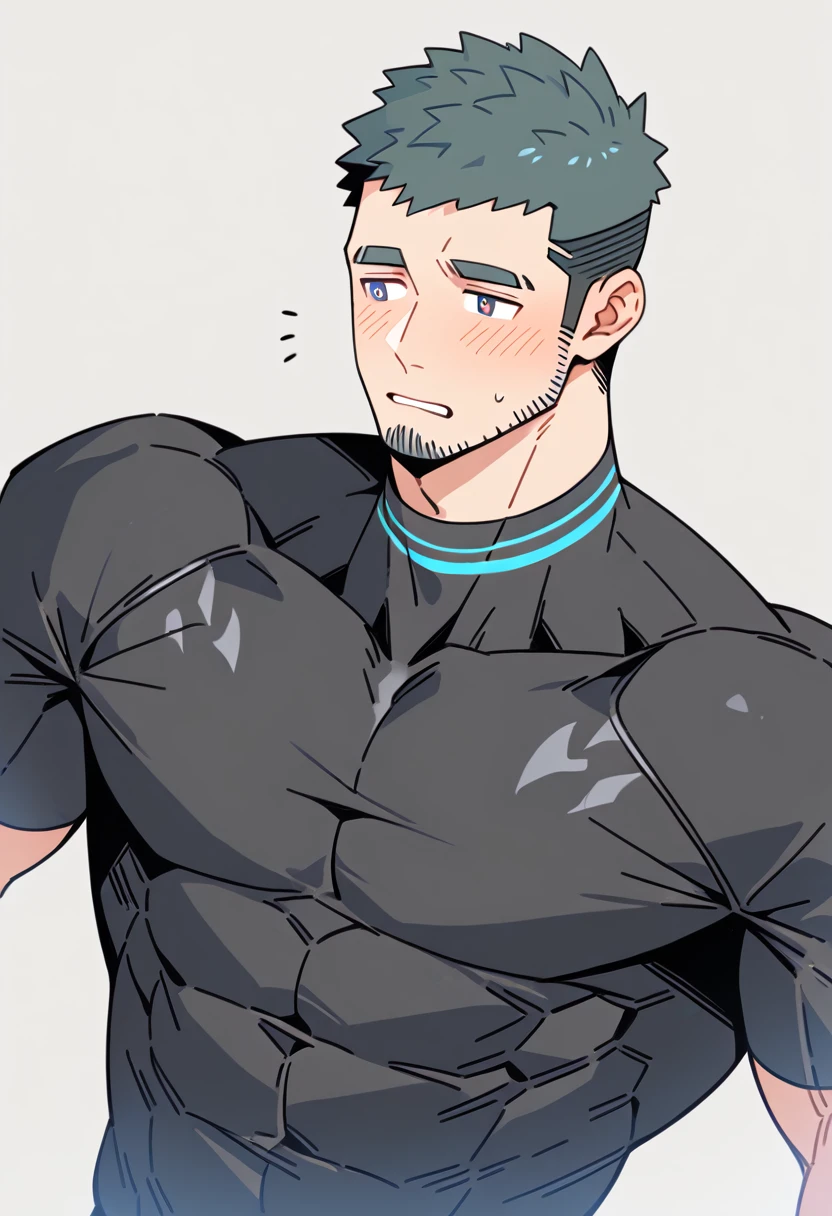 anime characters：Gyee Priapus, Muscle Sports Student, Buzz Cut, Manliness, male focus, Compression bodysuit, Yellow and black striped high collar long sleeve tight T-shirt, Very tight, Regular symmetrical pattern, full and perky chest muscles, muscular male, muscular, only, Upper body, alone, Red short hair, Thick eyebrows, stubble, Brown-red pupils, White background, simple background, amazing quality, best aesthetics, Ridiculous, crew cut, parted lips, flustered, endured face, shy, blush, negative space, best quality