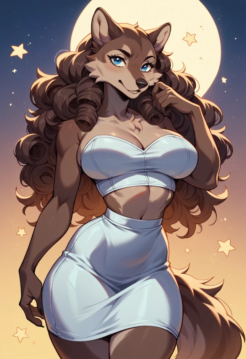 Beastars art style, beastars, Juno, brown wolf, she Wolf, 1girl, furry, long curly brown fur, slim figure, blue eyes, wide hips, Big breasts, White skirt, White bra, cleavage, night time, hotel room, moon