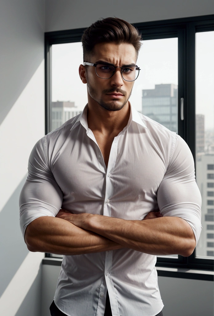 A muscular man wearing a professional white shirt and blank pants. He is standing in front of a window in an office. He has grey eyes, some facial hair, circular glasses, parted hair, and an introspective look on the face.