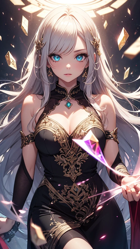 One girl, Long Hair, Light Hair Color, Captivating eyes, Mysterious look, Mature Appearance, Attractive dress, loose fitting dress, Elegant Jewelry, Elaborate decoration, Magic symbols, Glowing Accessories, Portion, Scroll, Cute accent,ribbon, Magic Effects, Crystal Jade, Particles of light, Rubik&#39;s Square,