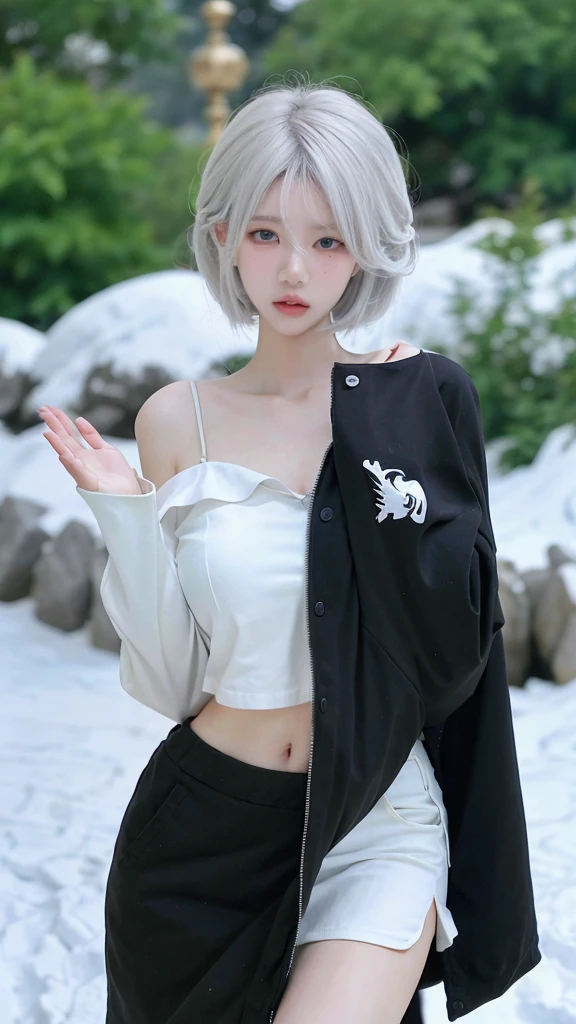 Beautiful woman with perfect figure:1.4,snow,Touching butt with both hands,snow背景,Layered Hairstyle,White skin,Prominent cleavage,Pleated Skirt,whole body,Very delicate face and skin texture,Double eyelids,Skin Whitening,Long white hair