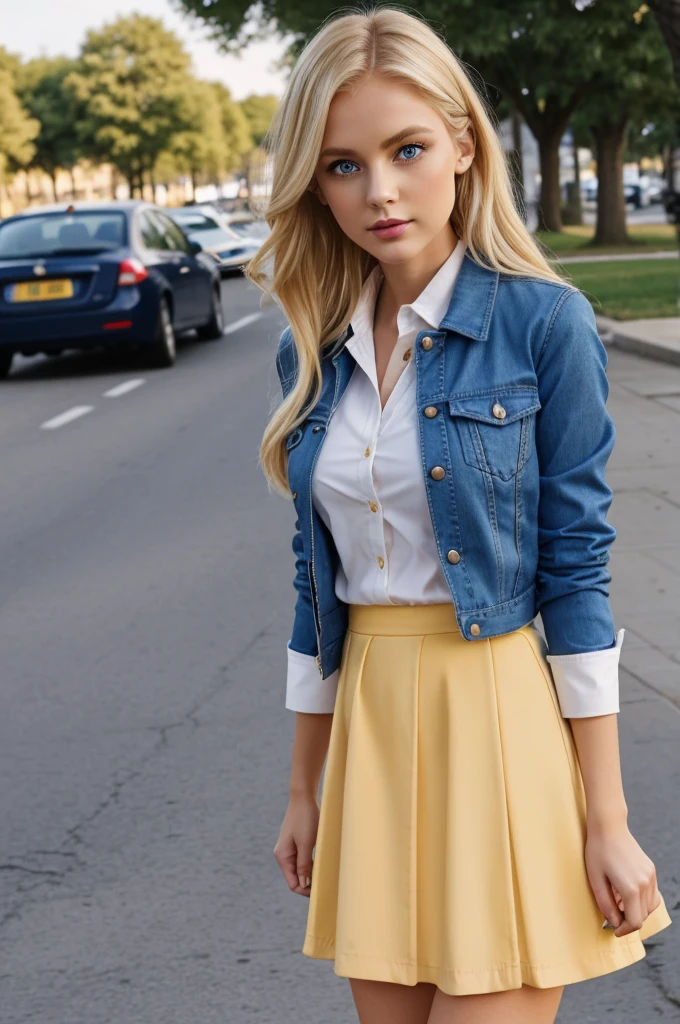Blonde girl like blue eyes skin tone medium yellow like a sky blue shirt and a dark jacket and a dark blue skirt and white stockings and peach lips and purple eyeshadow