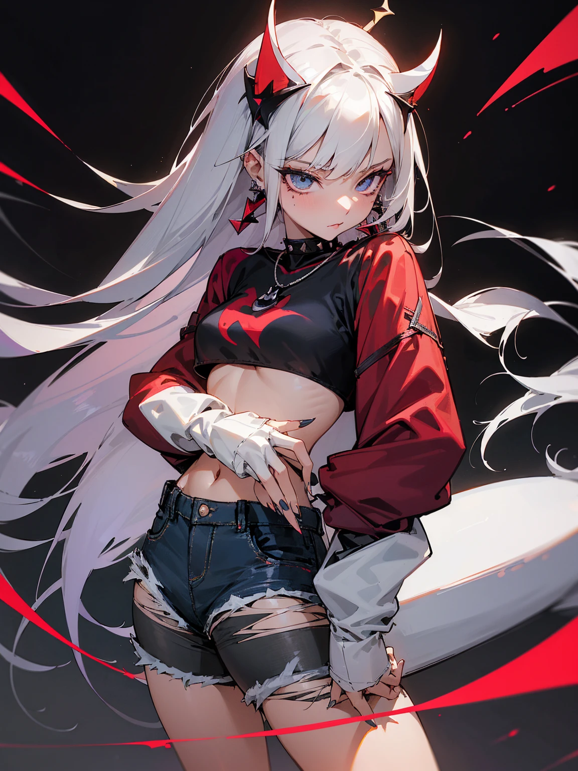 ((Long Straight Silver hair)), Perfect face, Choker, Punk earrings, ((Tall)), ((High Quality)), Necklace, ((Mature)), Pretty Eyes, Sharp Nails, Bangs, ((1 Girl)), ((Multiple Earrings)), 1 girl, Spiky Earrings, Adult, Spiked Collar, Thin Eyelashes, Black Background, Red Colors in Background, Vampire Girl, Long Tail, Large Tail, Massive Tail, Shark Tail, ((Jean Shorts)), ((Long Sleeve Crop Top)), Close Up, Very Short Mini Skirt, Tall, Long Legs, Dynamic Pose, Black Tail, 2 moles under left eye, Pantyhose, Vibrant Colors, Close Up, Sexy, Suggestive, Sexually Suggestive, Thick, Thick Body,