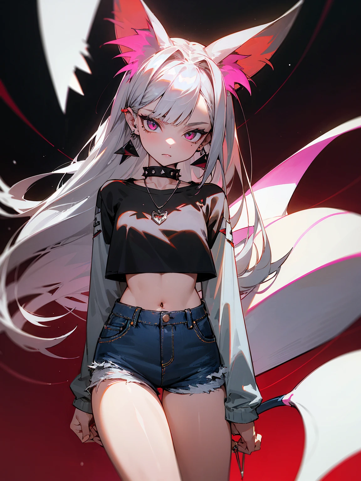 ((Long Straight Silver hair)), Perfect face, Choker, Punk earrings, ((Tall)), ((High Quality)), Necklace, ((Mature)), Pretty Eyes, Sharp Nails, Bangs, ((1 Girl)), ((Multiple Earrings)), 1 girl, Spiky Earrings, Adult, Spiked Collar, Thin Eyelashes, Black Background, Red Colors in Background, Vampire Girl, Long Tail, Large Tail, Massive Tail, Shark Tail, ((Jean Shorts)), ((Long Sleeve Crop Top)), Close Up, Very Short Mini Skirt, Tall, Long Legs, Dynamic Pose, Black Tail, 2 moles under left eye, Pantyhose, Vibrant Colors, Close Up, Sexy, Suggestive, Sexually Suggestive, Thick, Thick Body,