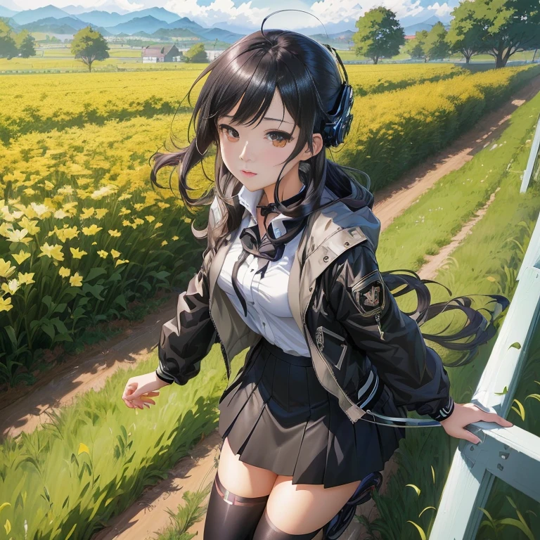 anime girl in a short skirt and black jacket standing in a field, best anime 4k konachan wallpaper, anime visual of a cute girl, beautiful anime high school girl, high detailed official artwork, detailed key anime art, smooth anime cg art, anime style 4 k, detailed digital anime art, guweiz on pixiv artstation