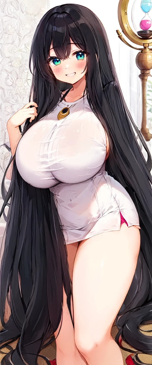 cute girl, super long hair, black hair, big hair, thick hair, big breasts, big butt, hourglass body, emphasis on hair, emphasis on eyes, emphasis on face, blush, smile, 