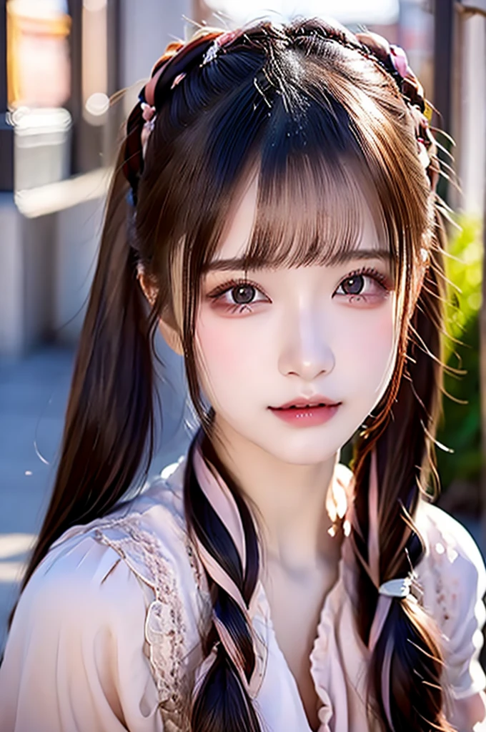 ((One Girl)), (Twin tails), Brown Hair, Great face and eyes, Pink Eyes, (Amazingly beautiful girl), Brown Hair, ((Highest quality)), (Very detailed), (Very detailed CG 統合 8k 壁紙), Very detailed, High resolution raw color photos, Professional photography, (((Bokeh))), Depth of written boundary, Twilight, sunset