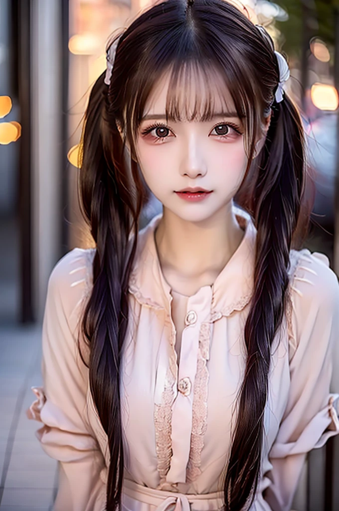 ((One Girl)), (Twin tails), Brown Hair, Great face and eyes, Pink Eyes, (Amazingly beautiful girl), Brown Hair, ((Highest quality)), (Very detailed), (Very detailed CG 統合 8k 壁紙), Very detailed, High resolution raw color photos, Professional photography, (((Bokeh))), Depth of written boundary, Twilight, sunset