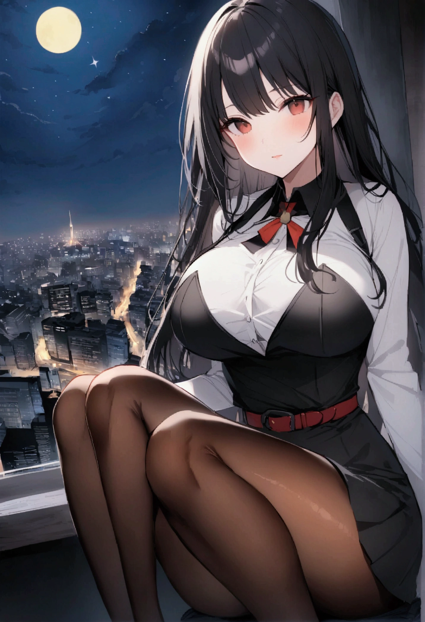 Dog 1、Woman 1、Red miniature dachshund、Red miniature dachshund long hair、dog'color is red、woman with very long black hair、Busty women、Spectacular views、Night Scene、The view from the top of the hill、Full moon night sky、swirling starry sky、8K、Best Quality、詳しいdogの顔、The woman is facing the opposite direction、Ria、I can't see a woman's face、The whole body is in the photo、Like the night view of Tokyo、The woman is wearing a miniskirt and her crotch is visible.、Pantyhose legs