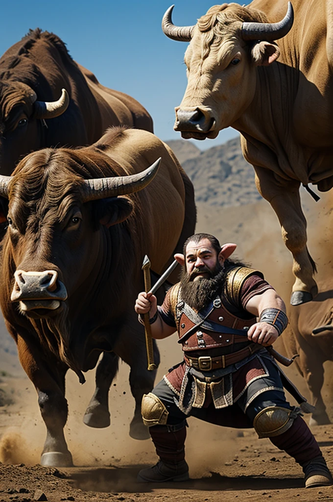 A dwarf fighting a bull 
