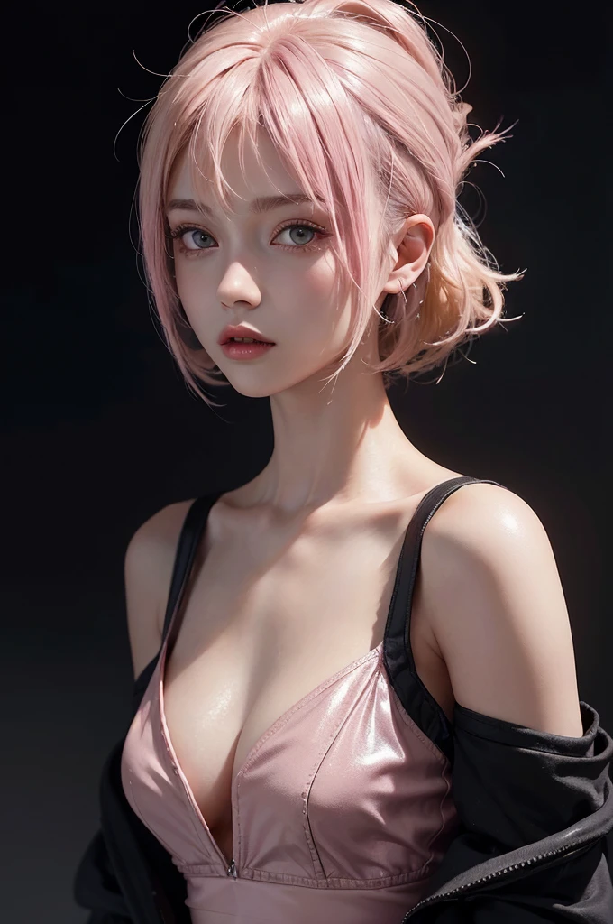20-year-old woman, blonde, (High Top Fade:1.3), Dark Theme, Calm tone, Calm colors, High Contrast, (Natural skin texture, Hyperrealism, Soft Light, sharp)Pink Hair, Medium Hair, Shiny Hair, Bob Hair, Deco bangs,